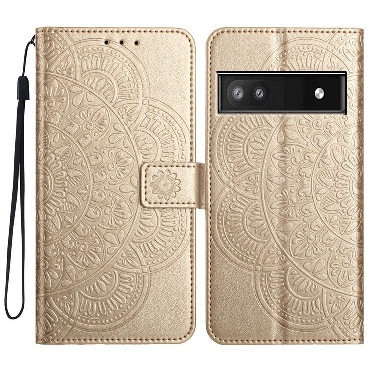 For Google Pixel 9a Leather Case with Card Slots Mandala Pattern Phone Cover Stand - Gold