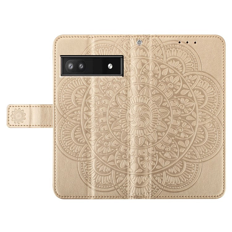 For Google Pixel 9a Leather Case with Card Slots Mandala Pattern Phone Cover Stand - Gold