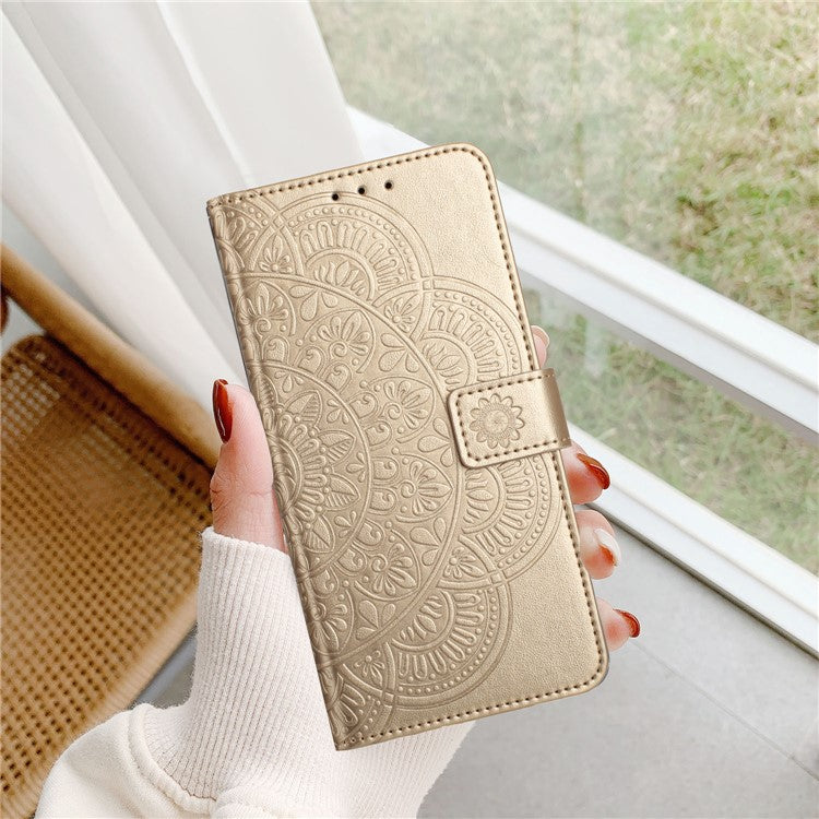 For Google Pixel 9a Leather Case with Card Slots Mandala Pattern Phone Cover Stand - Gold