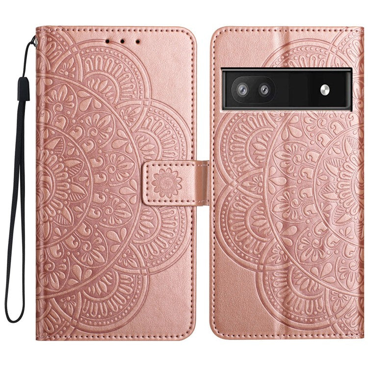 For Google Pixel 9a Leather Case with Card Slots Mandala Pattern Phone Cover Stand - Rose Gold