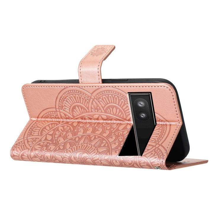 For Google Pixel 9a Leather Case with Card Slots Mandala Pattern Phone Cover Stand - Rose Gold