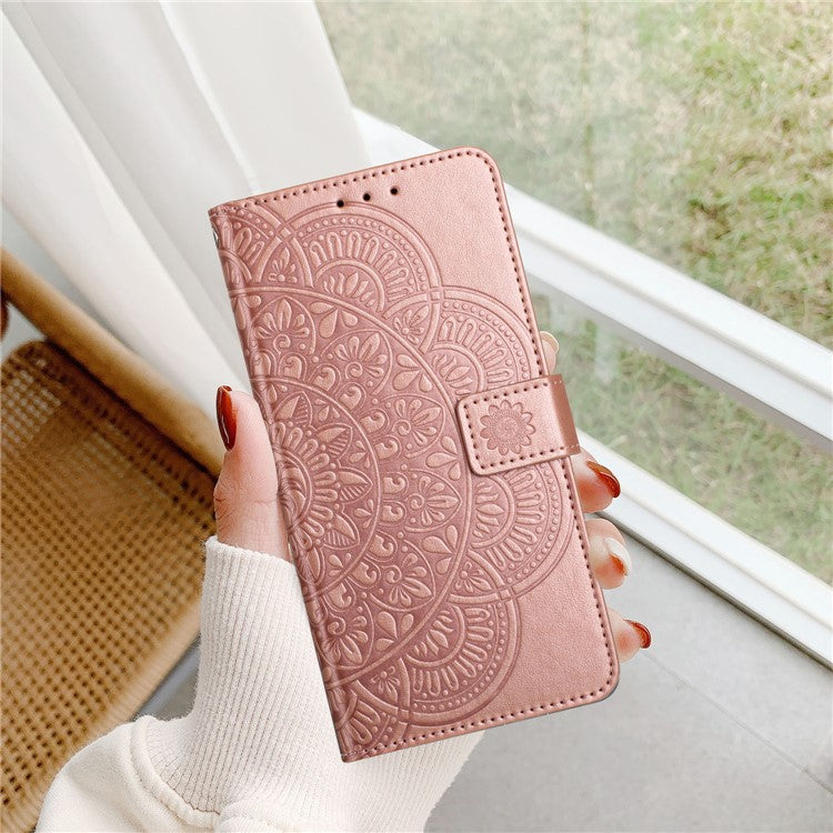 For Google Pixel 9a Leather Case with Card Slots Mandala Pattern Phone Cover Stand - Rose Gold