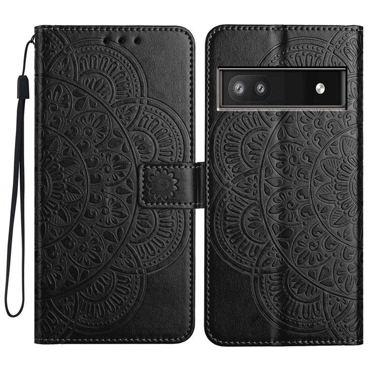 For Google Pixel 9a Leather Case with Card Slots Mandala Pattern Phone Cover Stand - Black