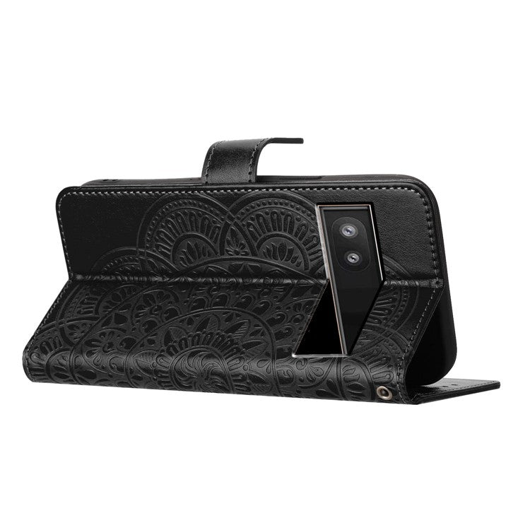 For Google Pixel 9a Leather Case with Card Slots Mandala Pattern Phone Cover Stand - Black