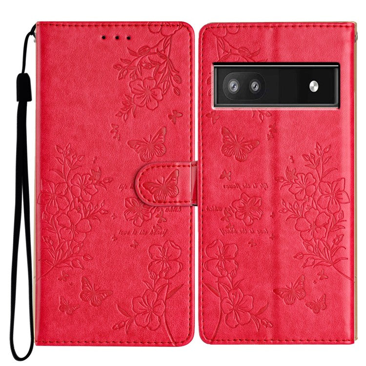 For Google Pixel 9a Wallet Phone Case Butterfly Floral Imprint Leather Flip Cover - Red