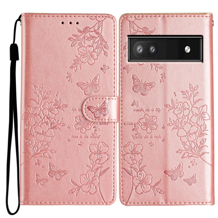 For Google Pixel 9a Wallet Phone Case Butterfly Floral Imprint Leather Flip Cover - Rose Gold