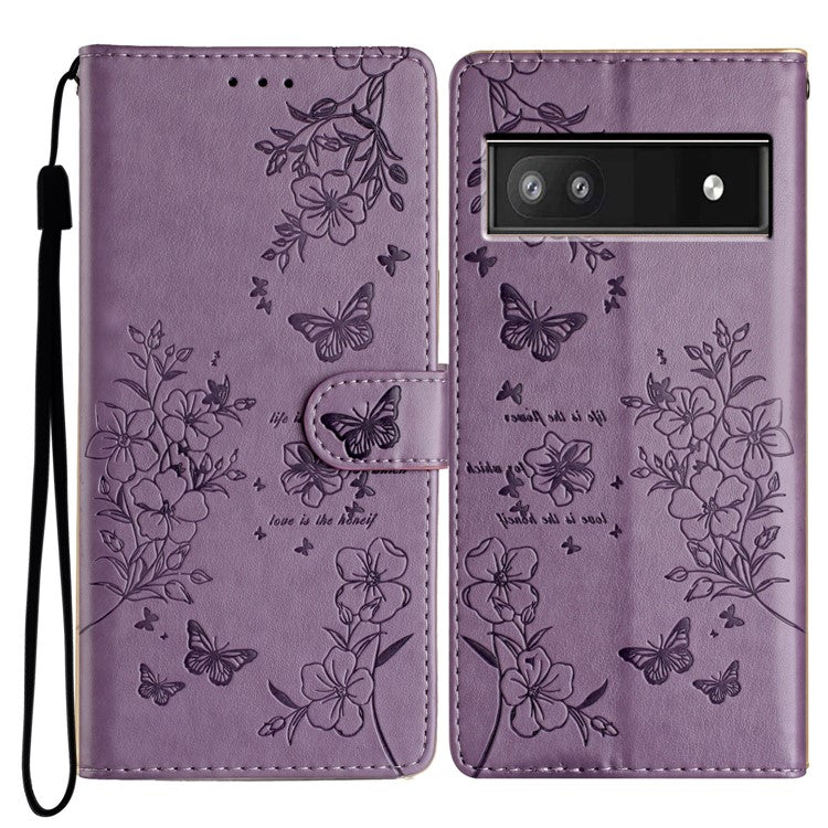 For Google Pixel 9a Wallet Phone Case Butterfly Floral Imprint Leather Flip Cover - Purple