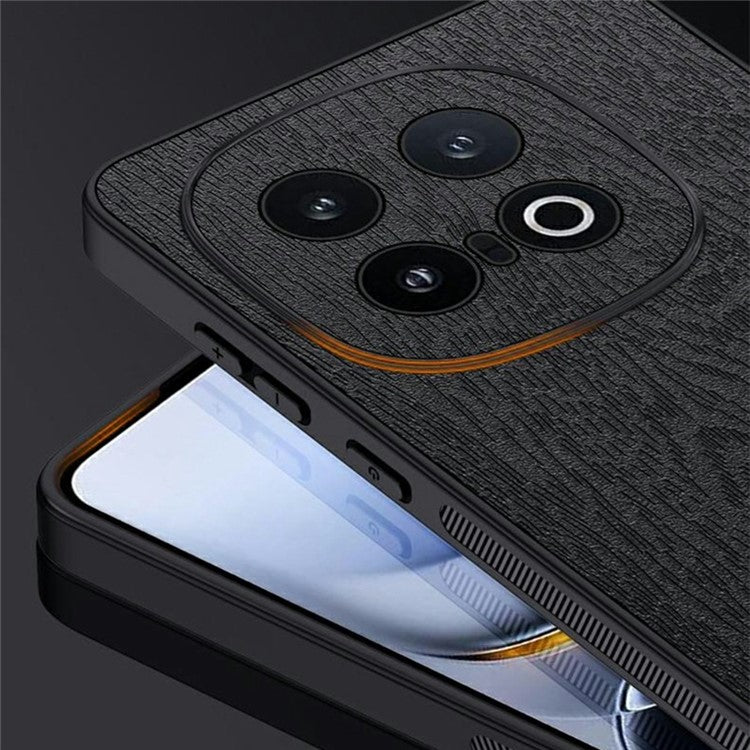 For vivo iQOO 13 5G Case Wood Texture PU Leather Coated PC+TPU Phone Cover - Black