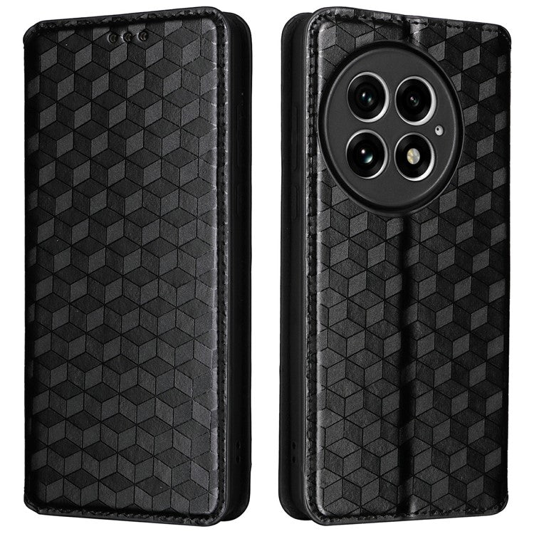 For OnePlus 13 Wallet Case Rhombus Imprinted Leather Phone Cover - Black