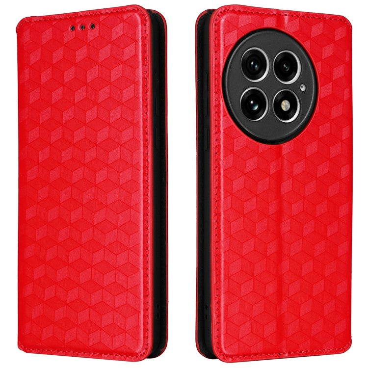 For OnePlus 13 Wallet Case Rhombus Imprinted Leather Phone Cover - Red