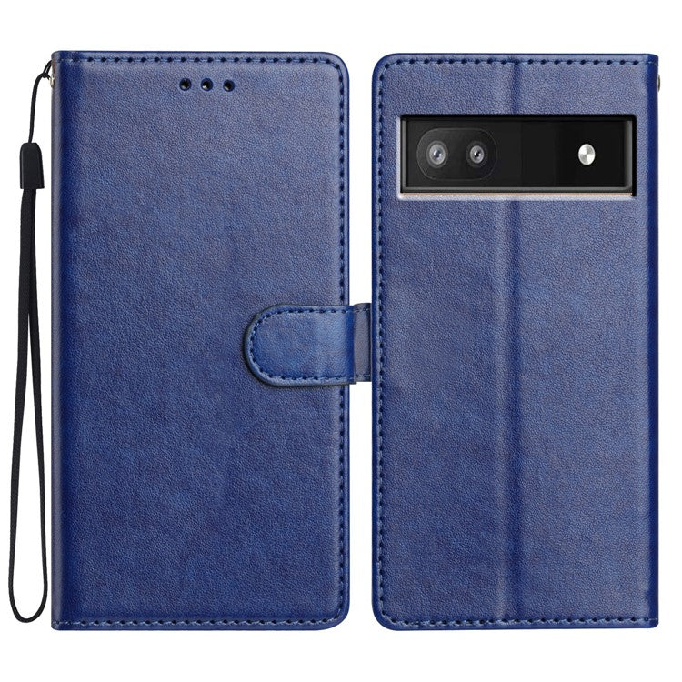 For Google Pixel 9a Leather Case Wallet Stand Phone Cover with Handy Strap - Blue