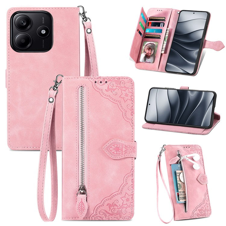 For Xiaomi Redmi Note 14 5G Case Zipper Wallet PU Leather Flower Imprint Phone Cover - Pink