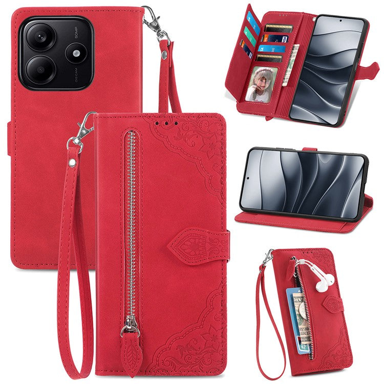 For Xiaomi Redmi Note 14 5G Case Zipper Wallet PU Leather Flower Imprint Phone Cover - Red