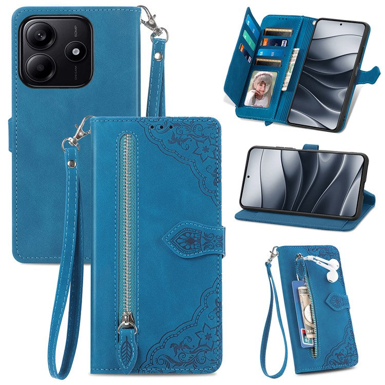 For Xiaomi Redmi Note 14 5G Case Zipper Wallet PU Leather Flower Imprint Phone Cover - Blue