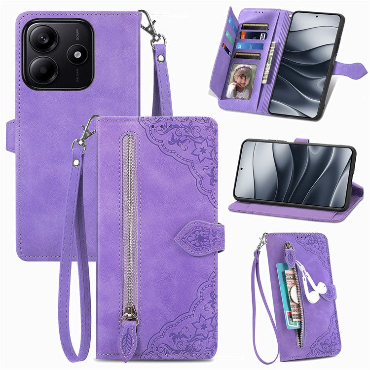 For Xiaomi Redmi Note 14 5G Case Zipper Wallet PU Leather Flower Imprint Phone Cover - Light Purple