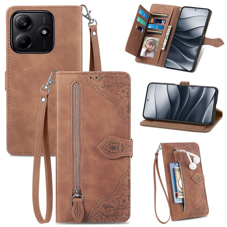 For Xiaomi Redmi Note 14 5G Case Zipper Wallet PU Leather Flower Imprint Phone Cover - Brown