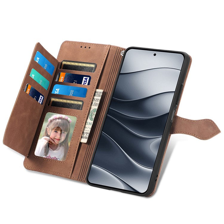 For Xiaomi Redmi Note 14 5G Case Zipper Wallet PU Leather Flower Imprint Phone Cover - Brown