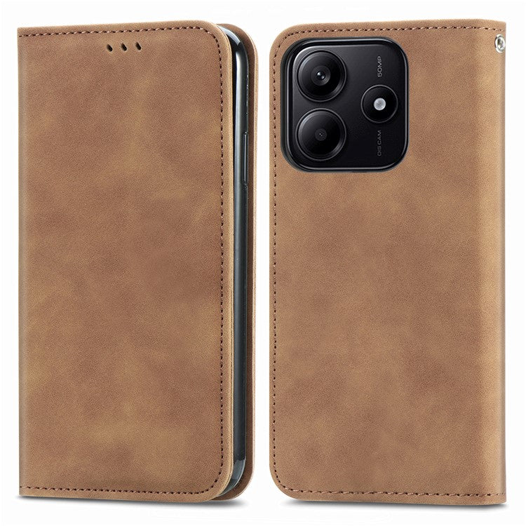 For Xiaomi Redmi Note 14 5G Case Skin Touch Feeling Leather Card Holder Phone Cover Magnetic Absorption - Brown