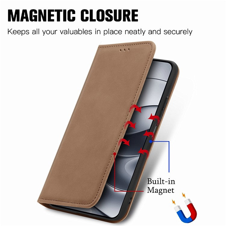 For Xiaomi Redmi Note 14 5G Case Skin Touch Feeling Leather Card Holder Phone Cover Magnetic Absorption - Brown