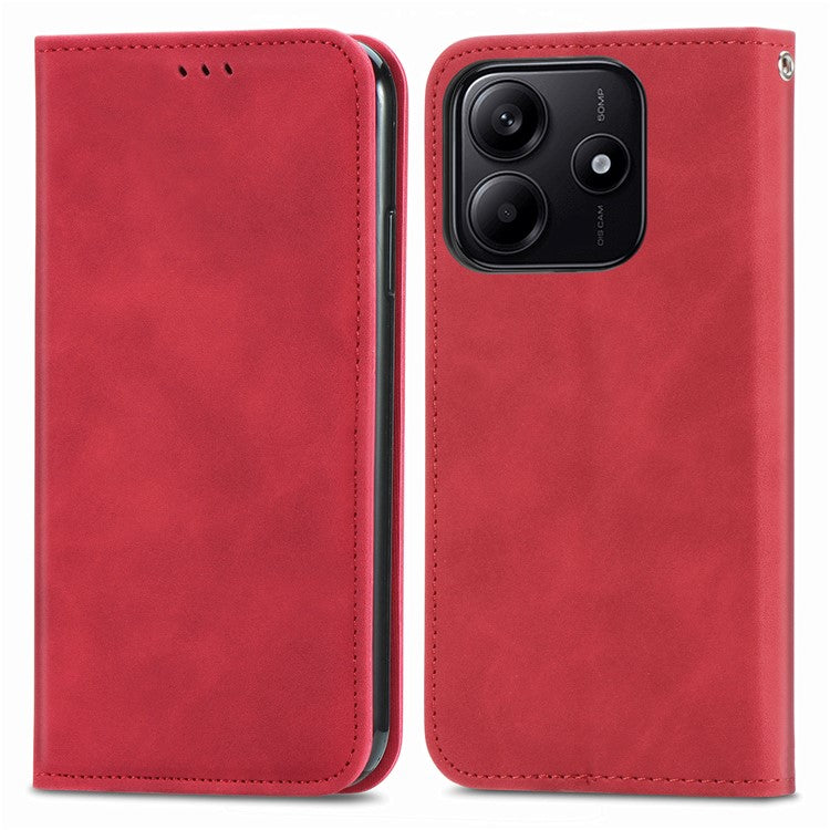 For Xiaomi Redmi Note 14 5G Case Skin Touch Feeling Leather Card Holder Phone Cover Magnetic Absorption - Red