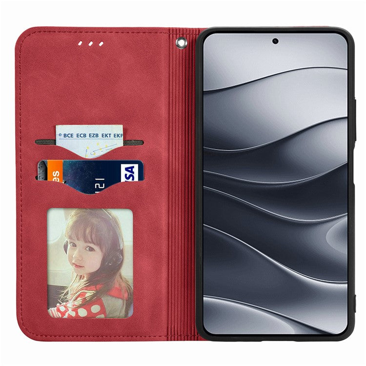 For Xiaomi Redmi Note 14 5G Case Skin Touch Feeling Leather Card Holder Phone Cover Magnetic Absorption - Red