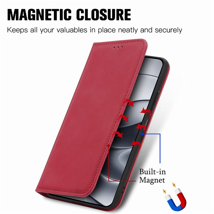 For Xiaomi Redmi Note 14 5G Case Skin Touch Feeling Leather Card Holder Phone Cover Magnetic Absorption - Red