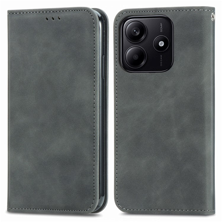 For Xiaomi Redmi Note 14 5G Case Skin Touch Feeling Leather Card Holder Phone Cover Magnetic Absorption - Grey