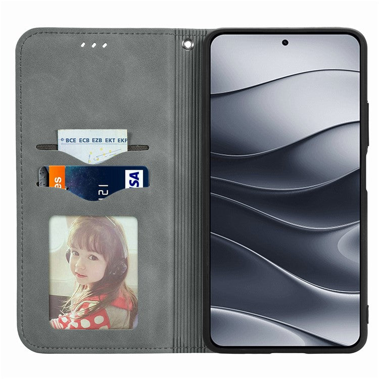 For Xiaomi Redmi Note 14 5G Case Skin Touch Feeling Leather Card Holder Phone Cover Magnetic Absorption - Grey