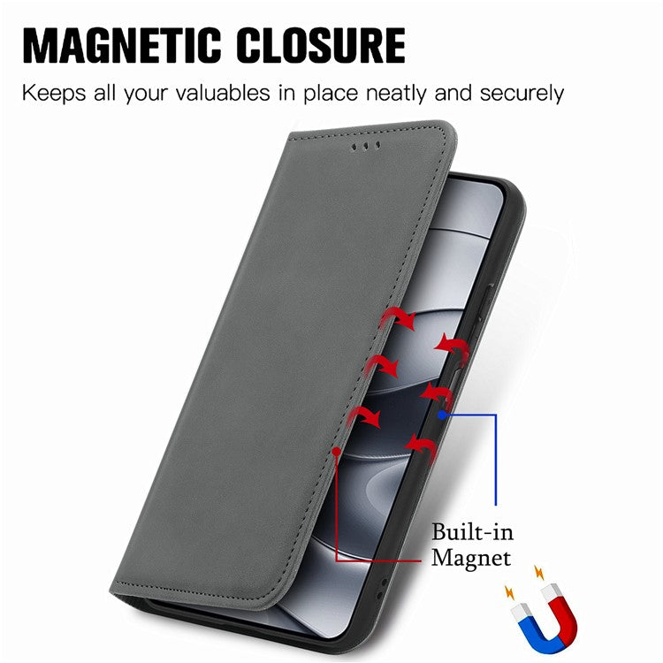 For Xiaomi Redmi Note 14 5G Case Skin Touch Feeling Leather Card Holder Phone Cover Magnetic Absorption - Grey