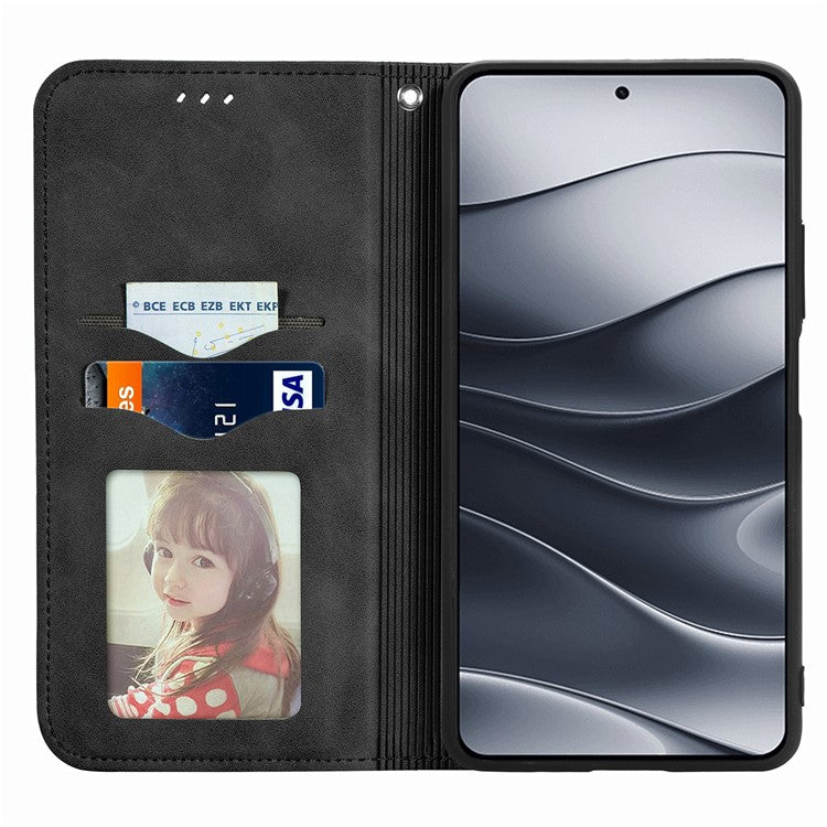 For Xiaomi Redmi Note 14 5G Case Skin Touch Feeling Leather Card Holder Phone Cover Magnetic Absorption - Black