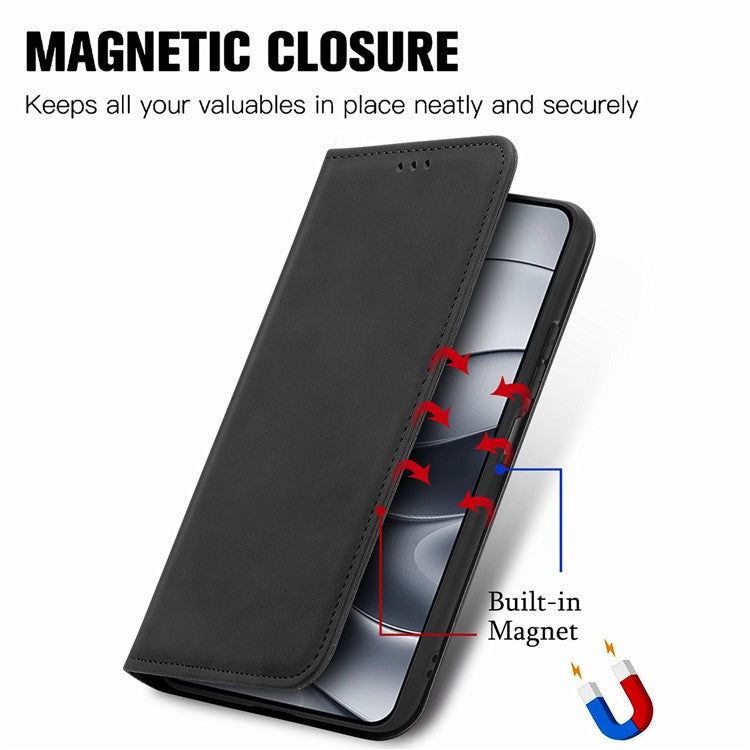 For Xiaomi Redmi Note 14 5G Case Skin Touch Feeling Leather Card Holder Phone Cover Magnetic Absorption - Black