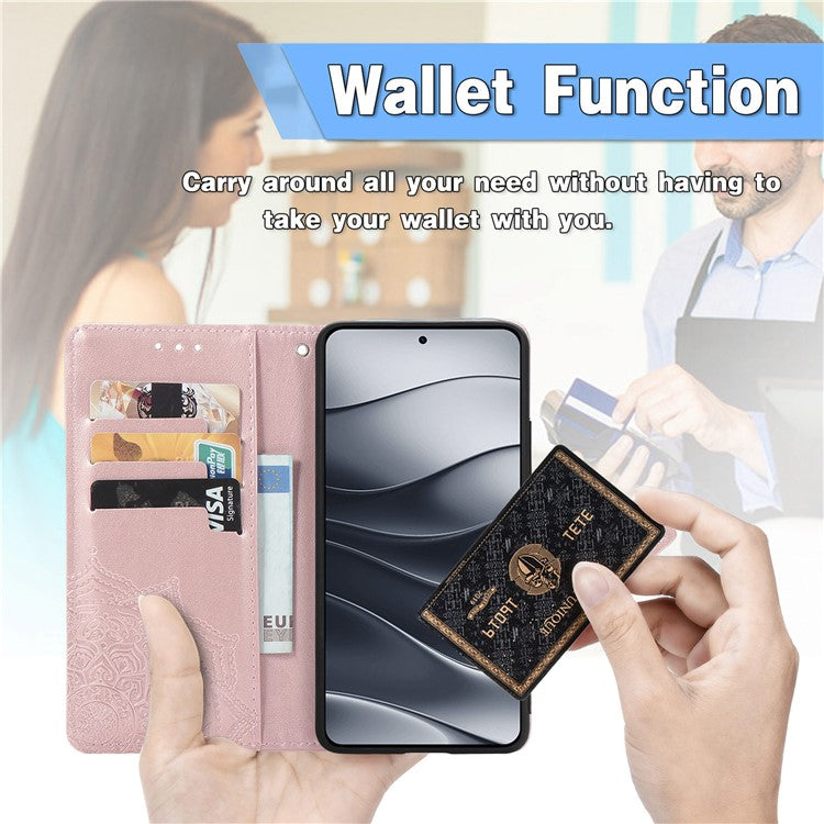 For Xiaomi Redmi Note 14 5G Wallet Case Mandala Flower Leather Phone Cover Stand View - Rose Gold