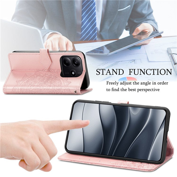 For Xiaomi Redmi Note 14 5G Wallet Case Mandala Flower Leather Phone Cover Stand View - Rose Gold