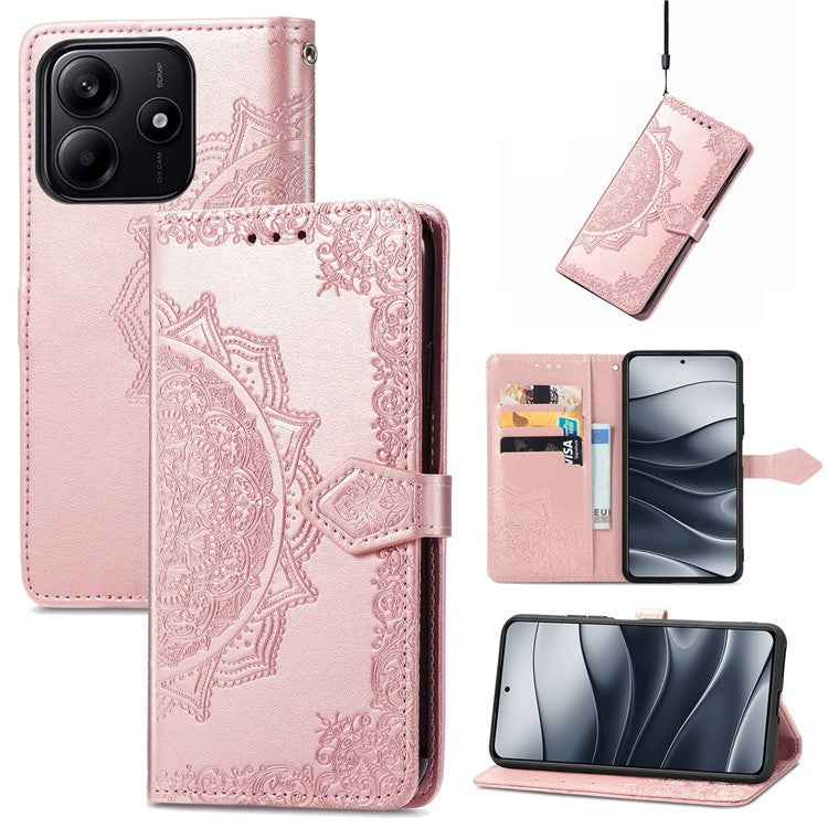 For Xiaomi Redmi Note 14 5G Wallet Case Mandala Flower Leather Phone Cover Stand View - Rose Gold