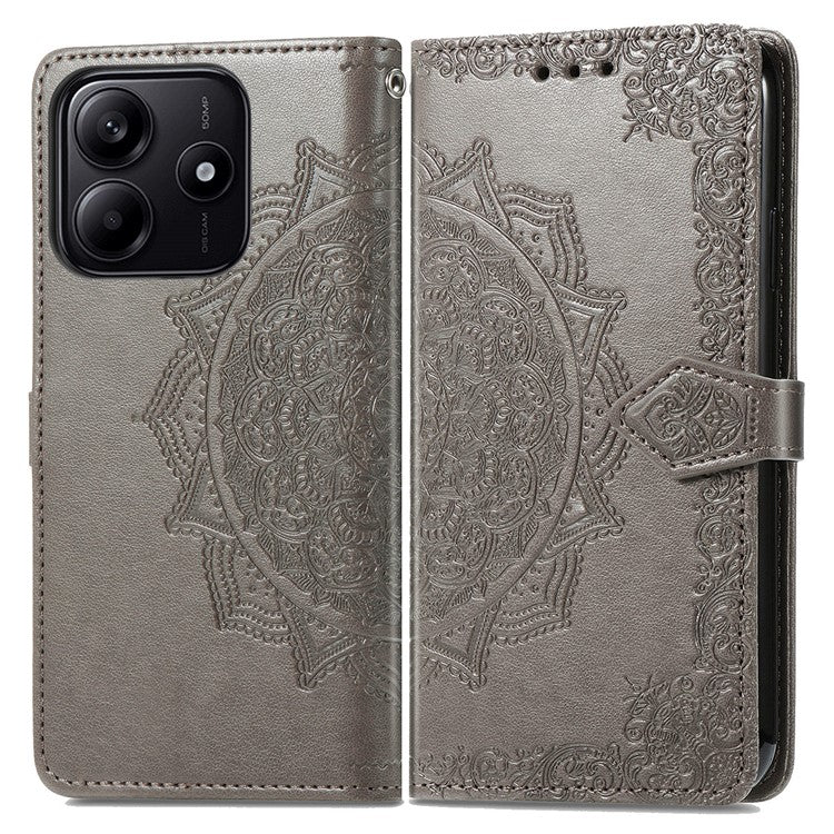 For Xiaomi Redmi Note 14 5G Wallet Case Mandala Flower Leather Phone Cover Stand View - Grey