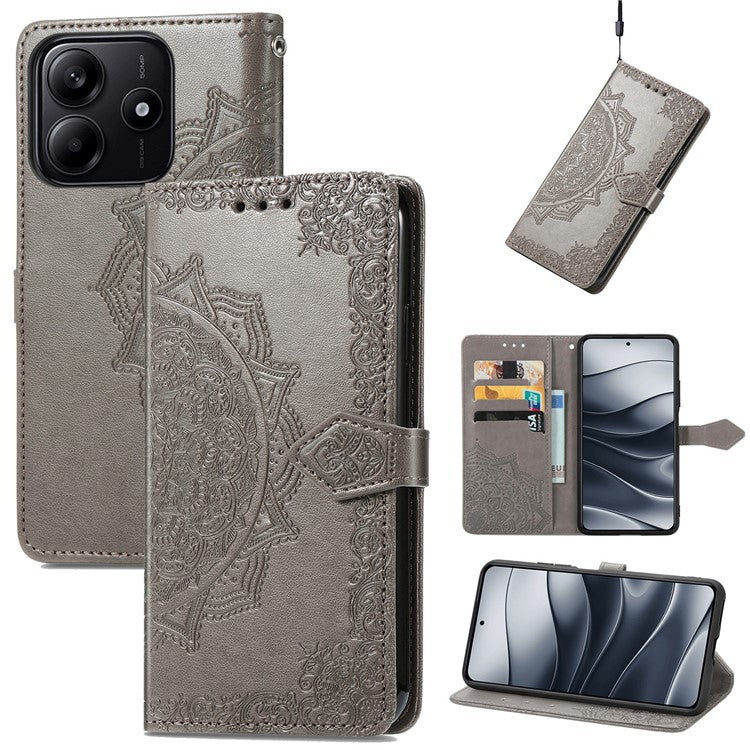 For Xiaomi Redmi Note 14 5G Wallet Case Mandala Flower Leather Phone Cover Stand View - Grey