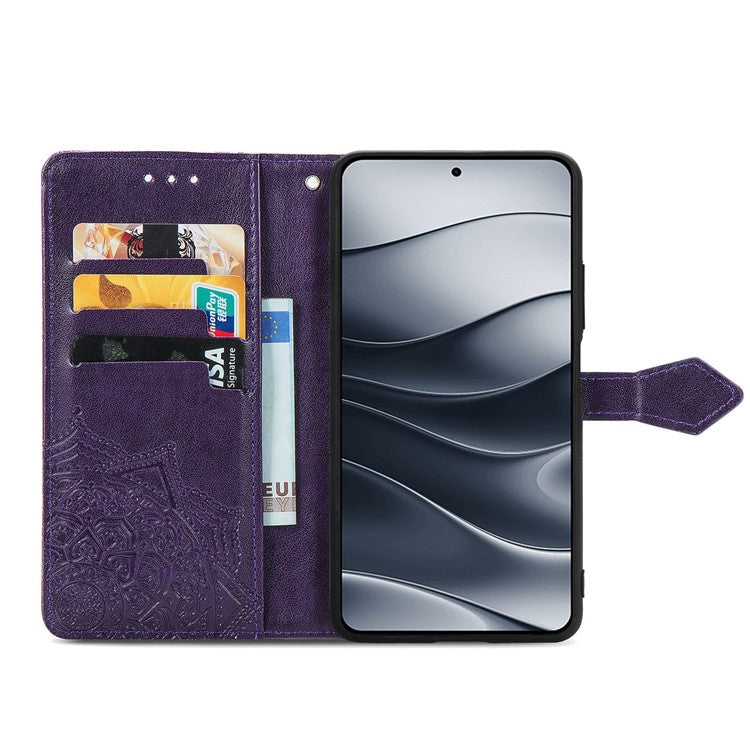 For Xiaomi Redmi Note 14 5G Wallet Case Mandala Flower Leather Phone Cover Stand View - Purple