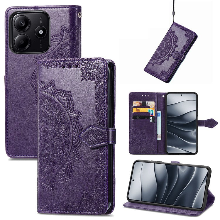 For Xiaomi Redmi Note 14 5G Wallet Case Mandala Flower Leather Phone Cover Stand View - Purple