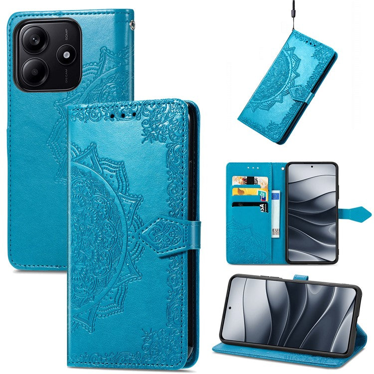 For Xiaomi Redmi Note 14 5G Wallet Case Mandala Flower Leather Phone Cover Stand View - Blue