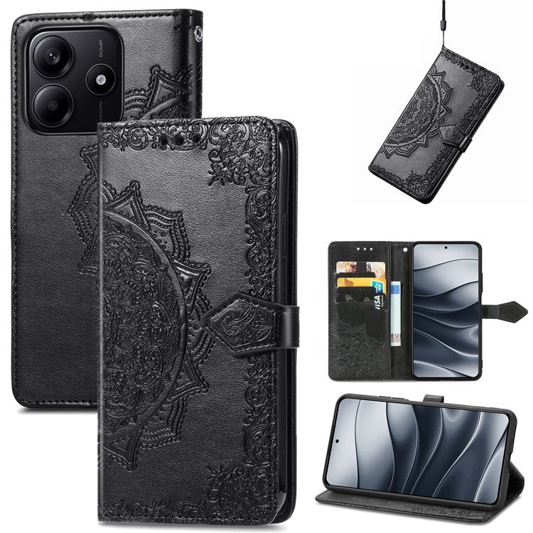 For Xiaomi Redmi Note 14 5G Wallet Case Mandala Flower Leather Phone Cover Stand View - Black