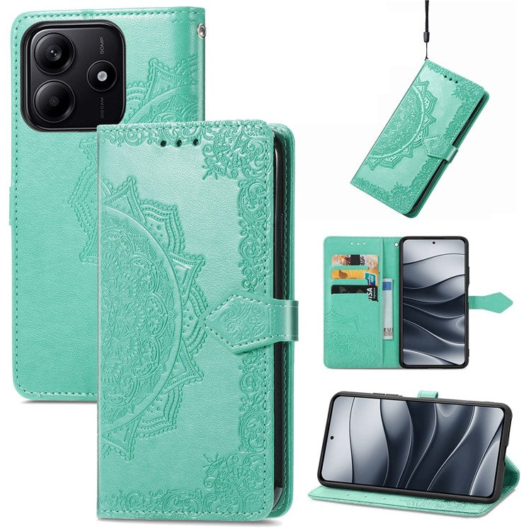 For Xiaomi Redmi Note 14 5G Wallet Case Mandala Flower Leather Phone Cover Stand View - Green