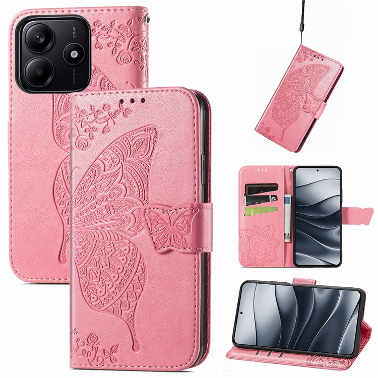 For Xiaomi Redmi Note 14 5G Case PU Leather Wallet Phone Cover Butterfly Pattern - Pink