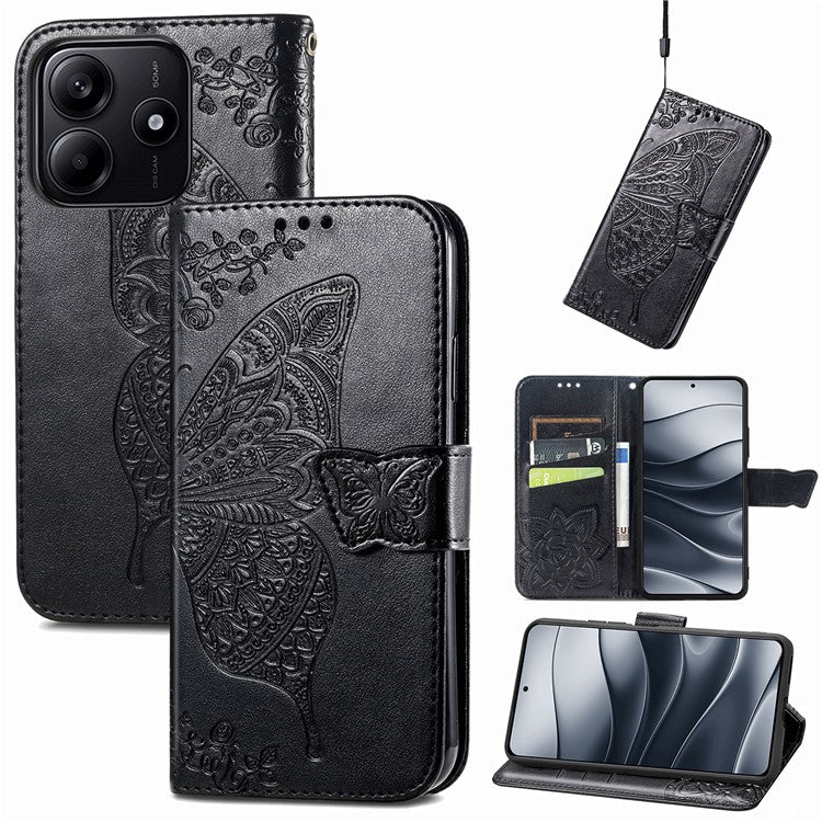 For Xiaomi Redmi Note 14 5G Case PU Leather Wallet Phone Cover Butterfly Pattern - Black