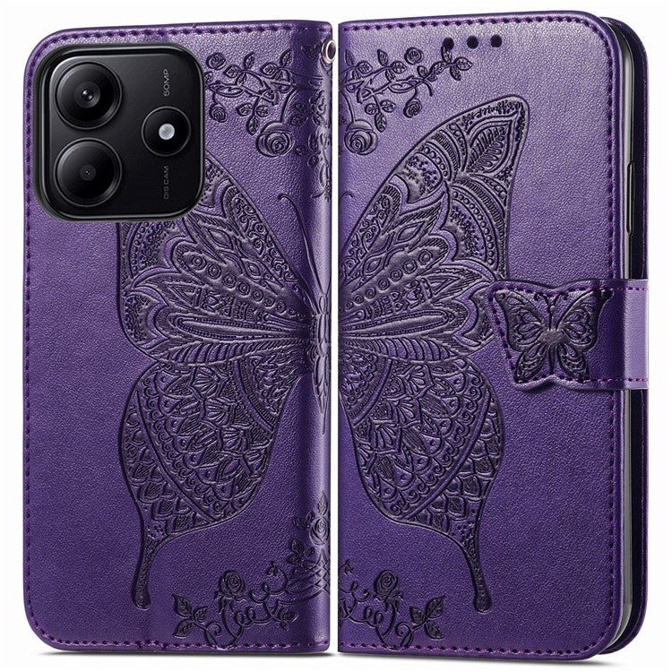 For Xiaomi Redmi Note 14 5G Case PU Leather Wallet Phone Cover Butterfly Pattern - Dark Purple