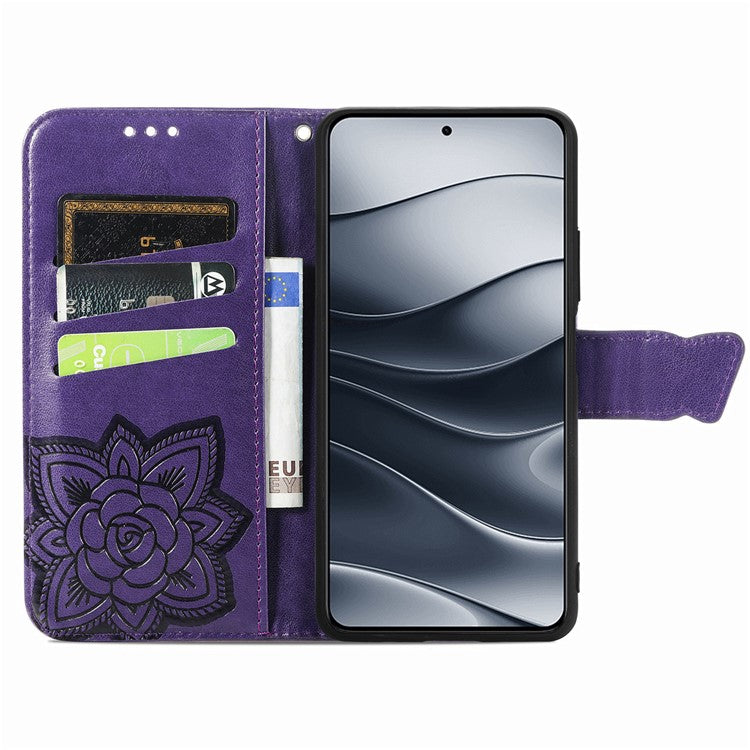 For Xiaomi Redmi Note 14 5G Case PU Leather Wallet Phone Cover Butterfly Pattern - Dark Purple