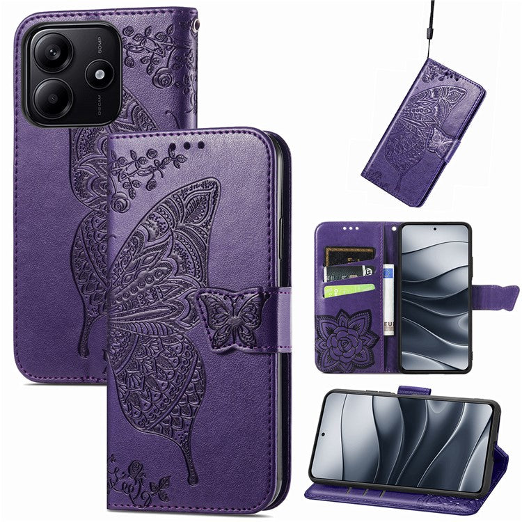 For Xiaomi Redmi Note 14 5G Case PU Leather Wallet Phone Cover Butterfly Pattern - Dark Purple