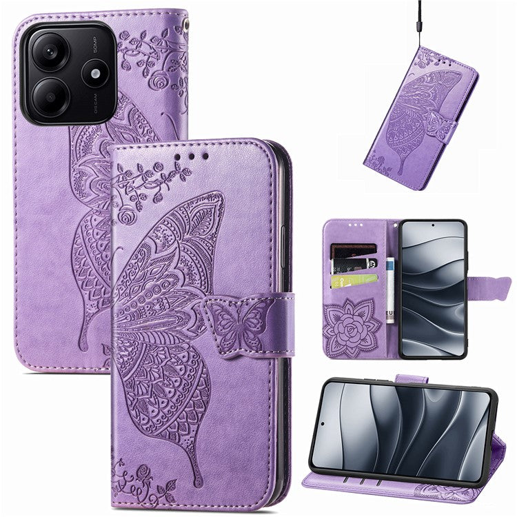 For Xiaomi Redmi Note 14 5G Case PU Leather Wallet Phone Cover Butterfly Pattern - Light Purple