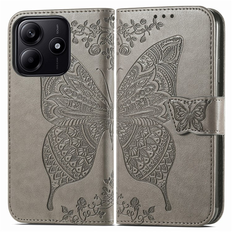 For Xiaomi Redmi Note 14 5G Case PU Leather Wallet Phone Cover Butterfly Pattern - Grey