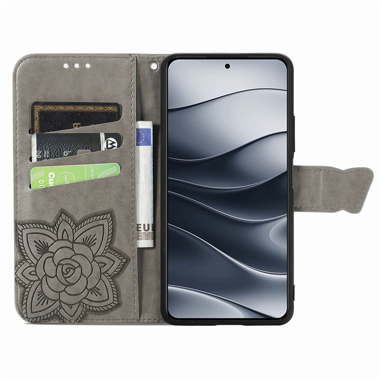 For Xiaomi Redmi Note 14 5G Case PU Leather Wallet Phone Cover Butterfly Pattern - Grey