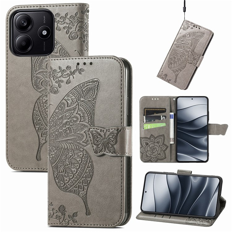 For Xiaomi Redmi Note 14 5G Case PU Leather Wallet Phone Cover Butterfly Pattern - Grey